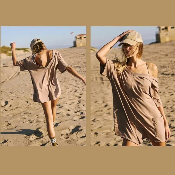Free People Hot Shot Tee Romper in Mocha Latte Tan Color NWOT Size Large - Picture 1 of 10
